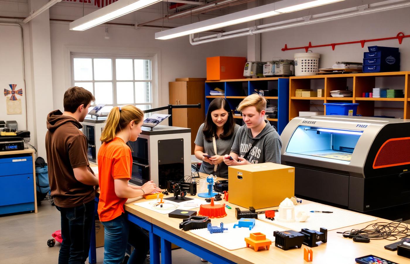 Espaço maker com impressoras 3D e pessoas trabalhando em protótipos